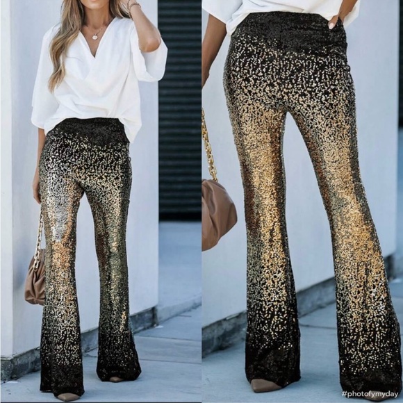 Luxe Glamour Sequin Mesh Wide Leg Palazzo Pants Holiday Evening Green Gold - Picture 4 of 13